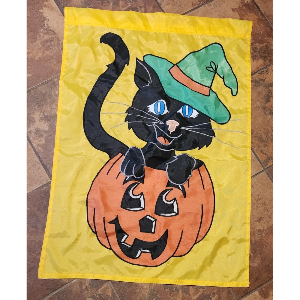 Vintage Halloween Full Size Cat Pumpkin Garden Flag Banner 27"x39" - Picture 2 of 5
